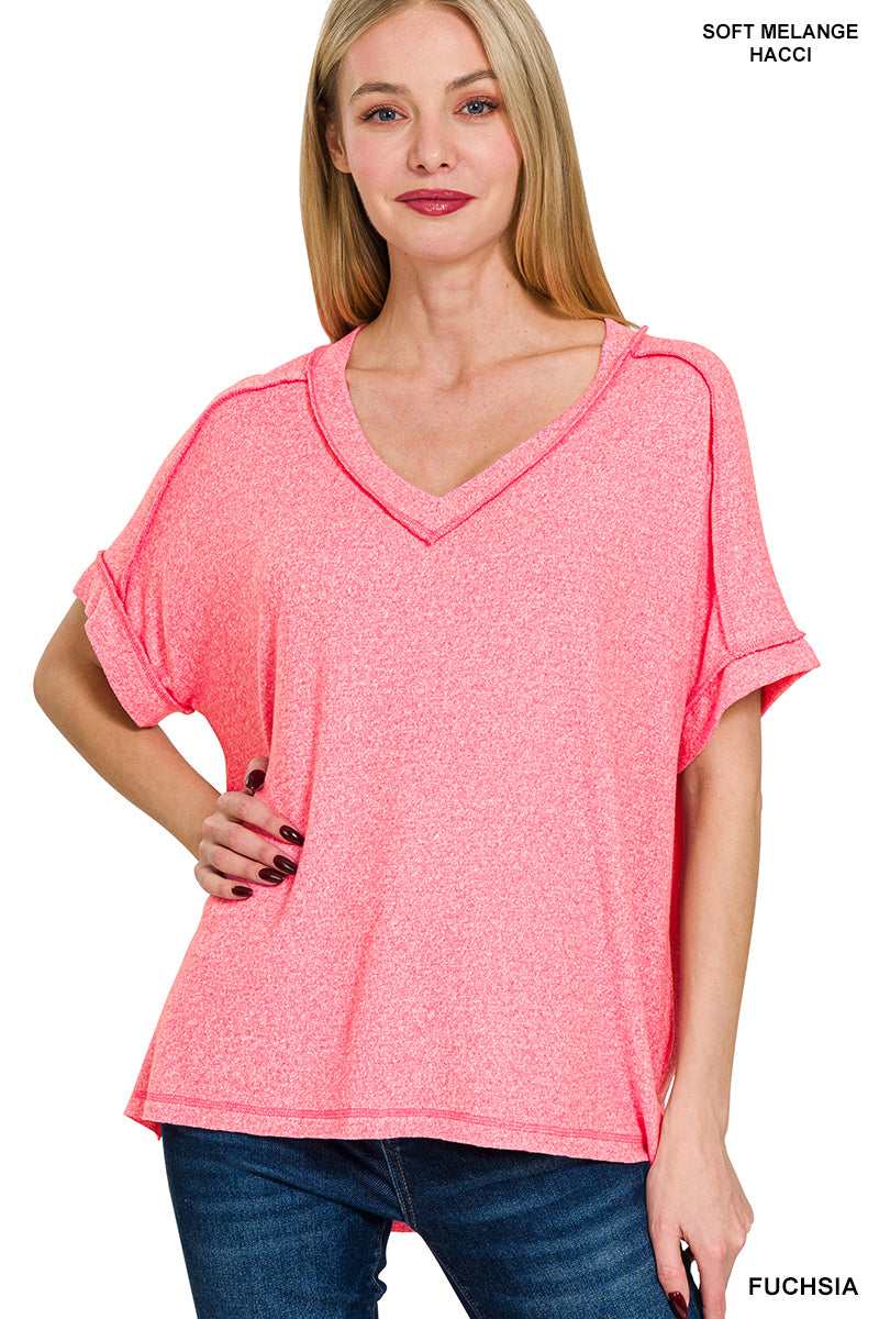 Soft Melange Hacci V-Neck Short Sleeve Hi-Low Tee